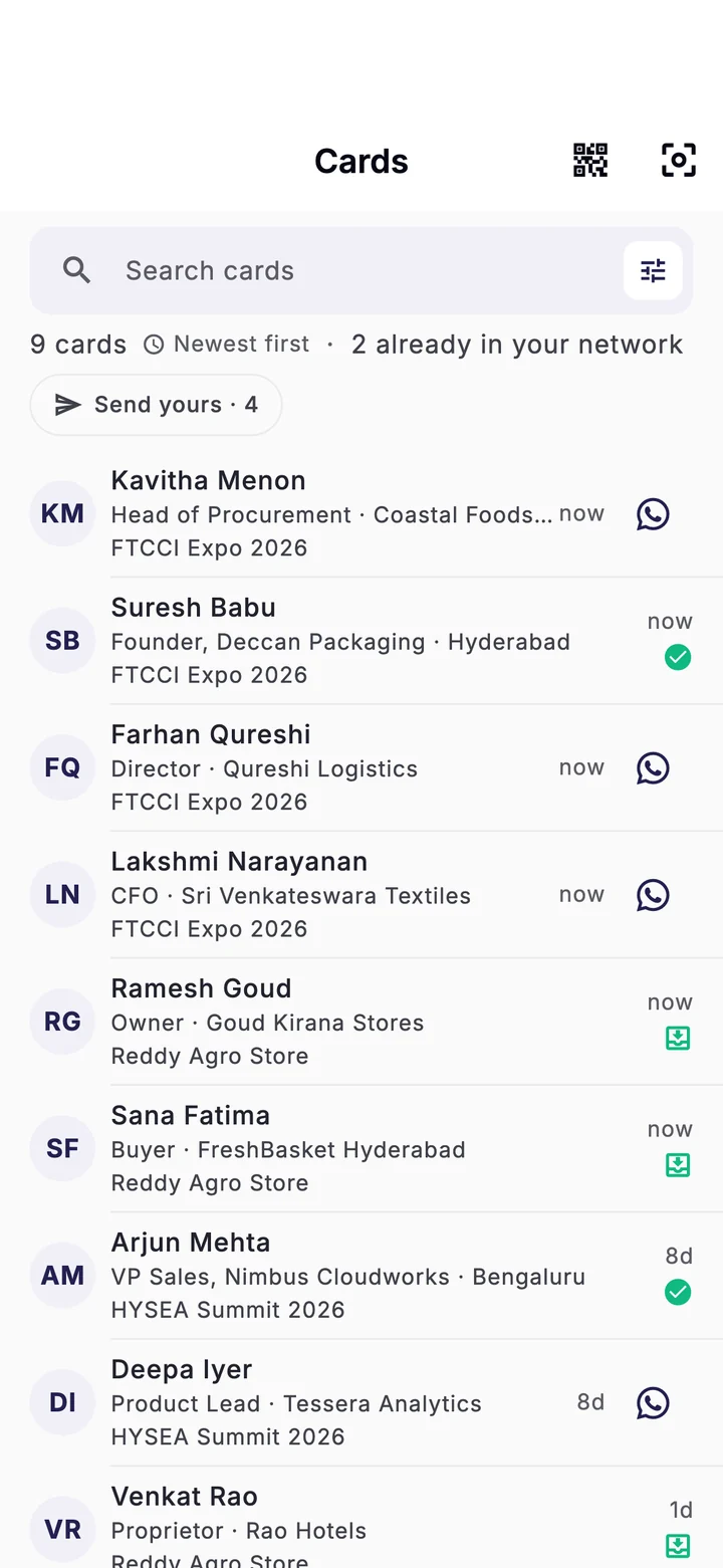 The card wallet: nine cards filed under FTCCI Expo 2026, HYSEA Summit 2026 and Reddy Agro Store, with a "Send yours · 4" filter and a WhatsApp mark on each person still to follow up.